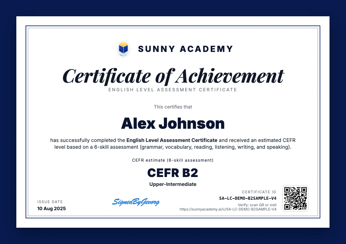 Sample Sunny Academy certificate showing CEFR level B2
